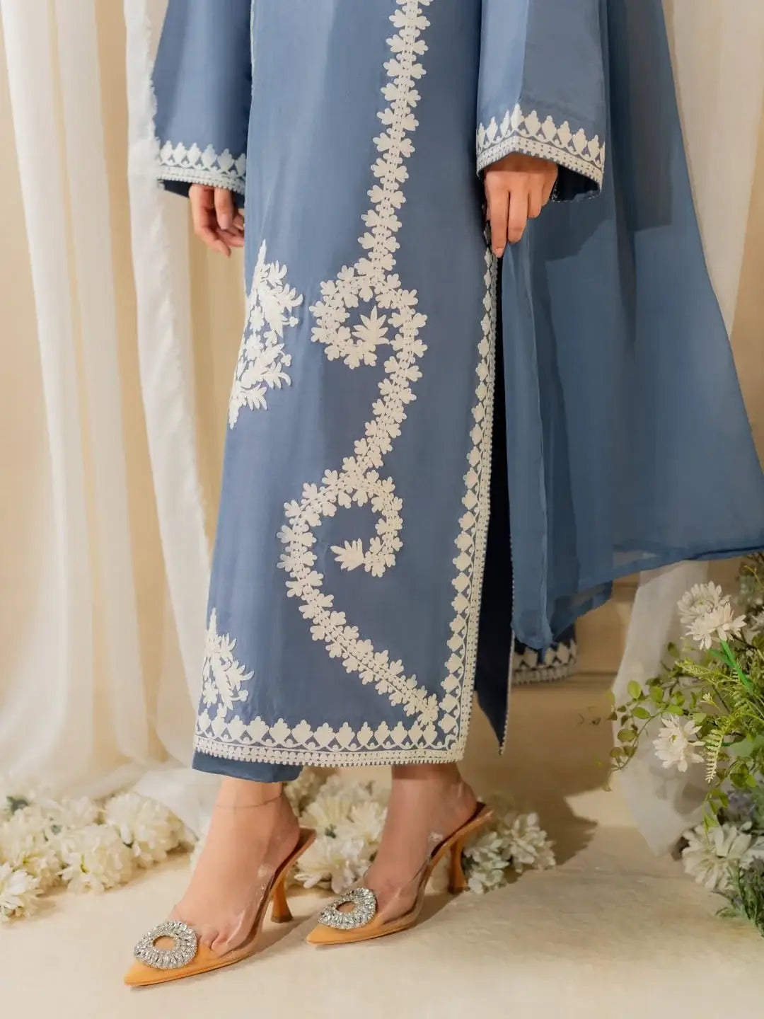 Blue Embroidered Raw Silk Suit - 3-Piece Stitched - view 3