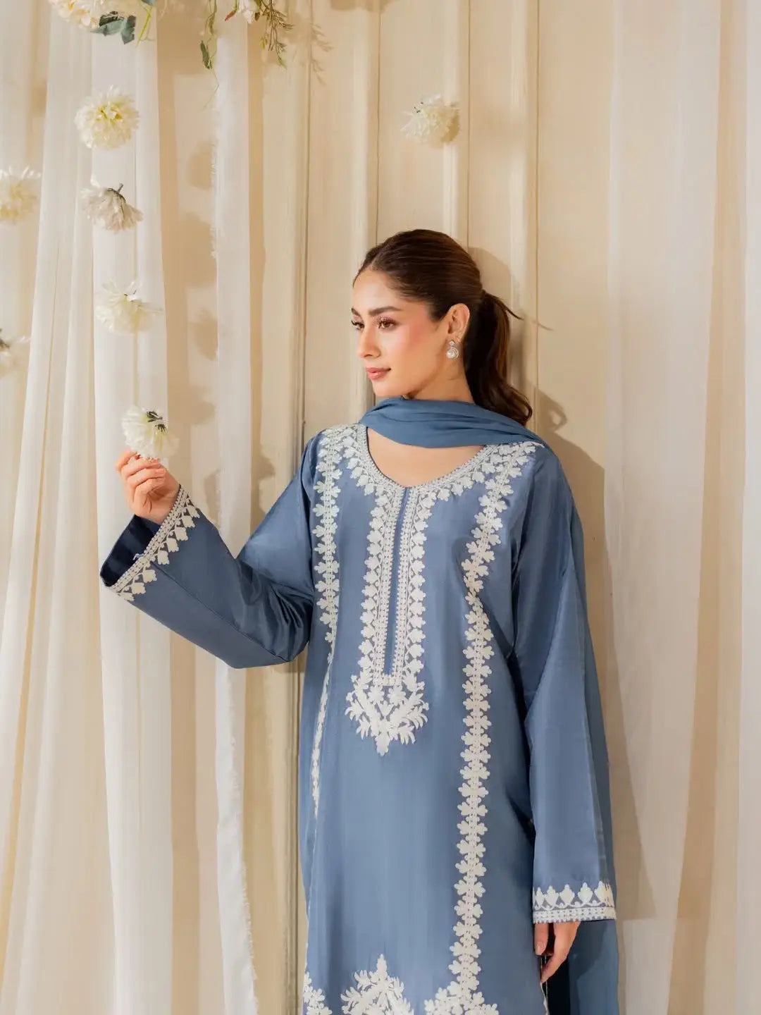 Blue Embroidered Raw Silk Suit - 3-Piece Stitched - view 4