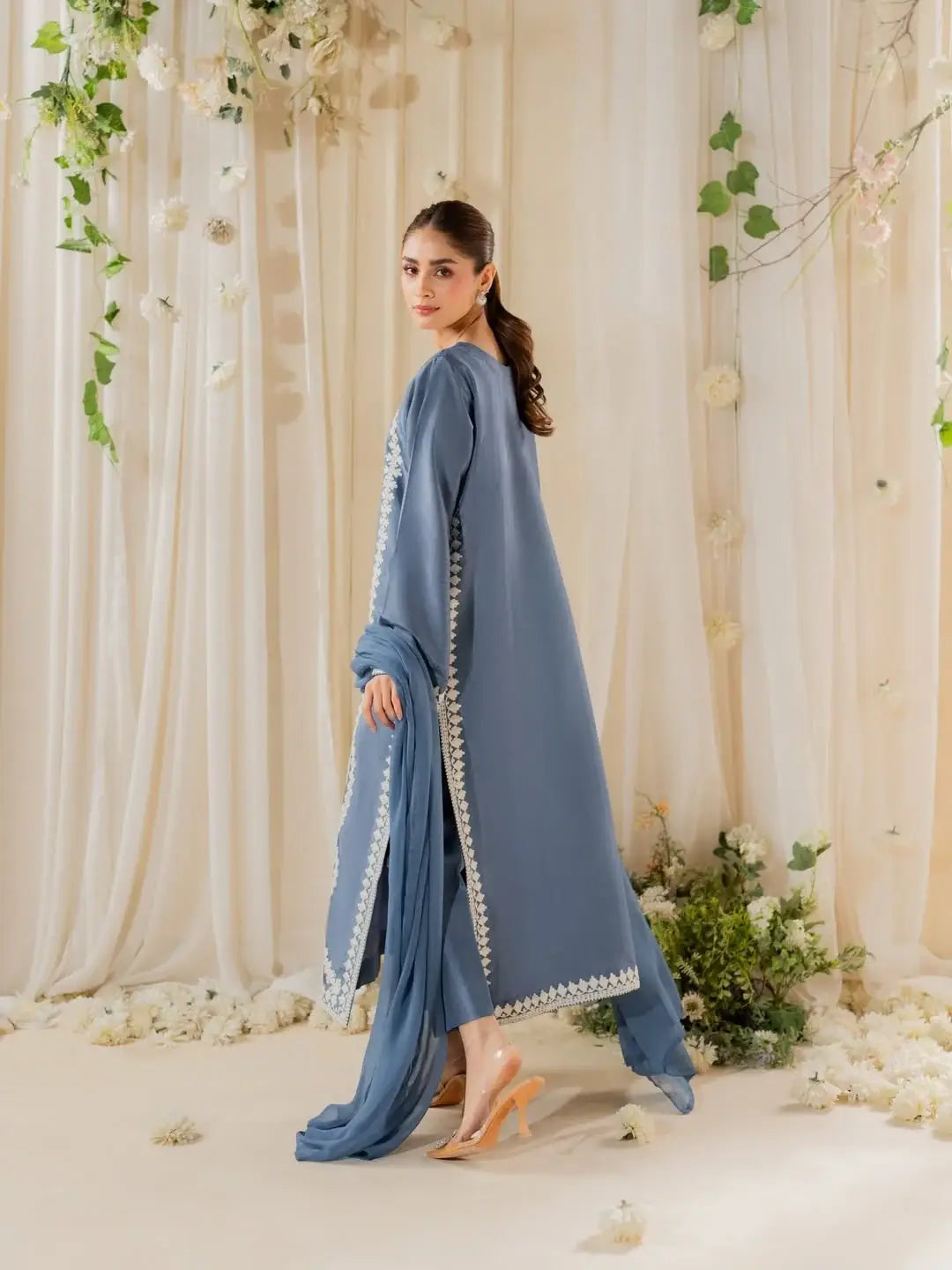 Blue Embroidered Raw Silk Suit - 3-Piece Stitched - view 6