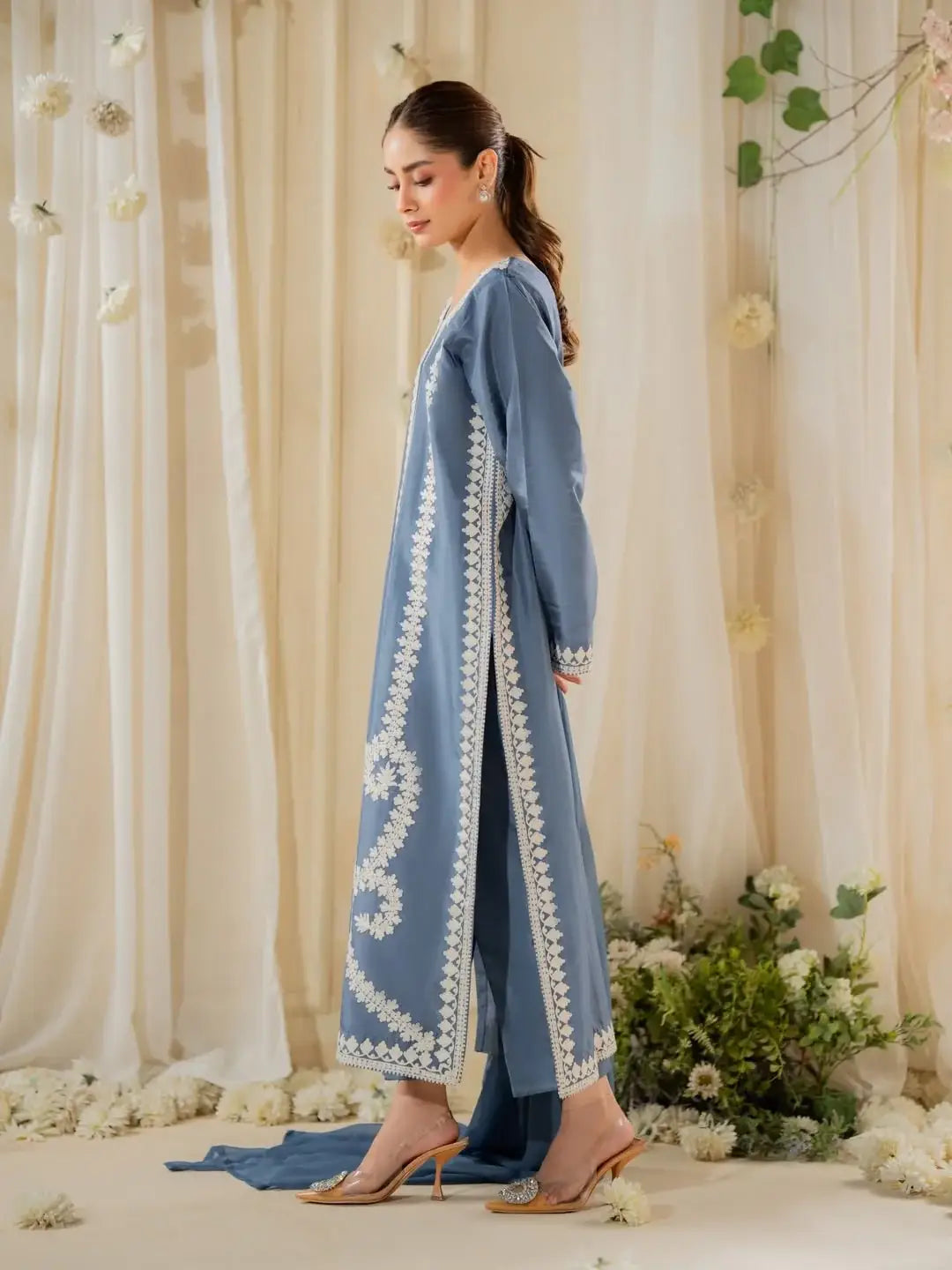 Blue Embroidered Raw Silk Suit - 3-Piece Stitched - view 7