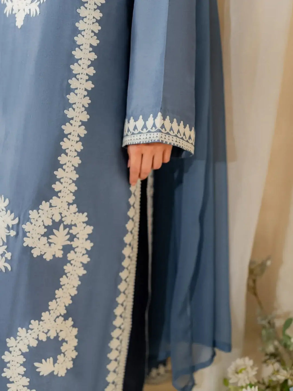 Blue Embroidered Raw Silk Suit - 3-Piece Stitched - view 8