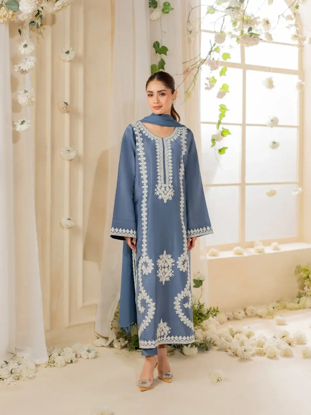 Blue Embroidered Raw Silk Suit - 3-Piece Stitched - view 9