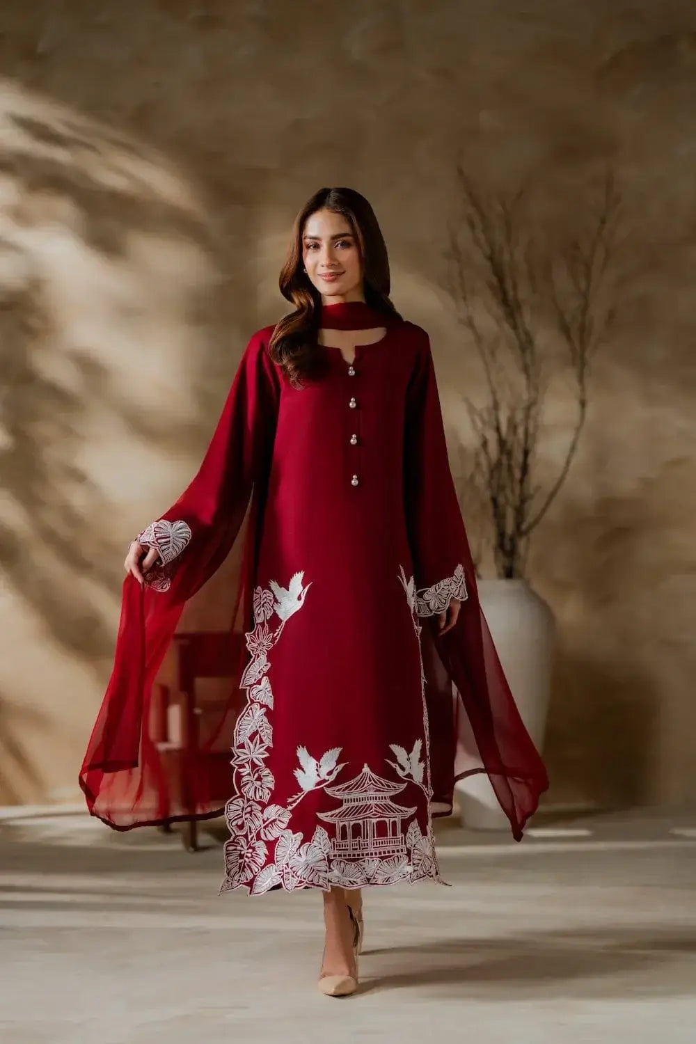 Women's Embroidered Linen Suit - Maroon, 3 Piece, Stitched