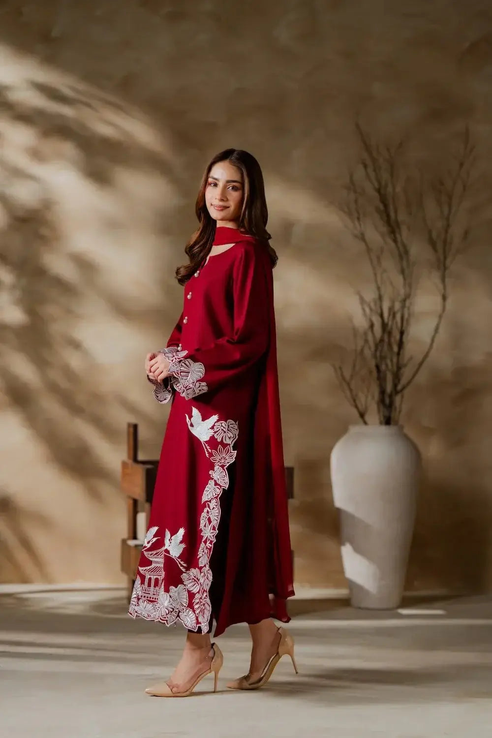 Women's Embroidered Linen Suit - Maroon, 3 Piece, Stitched