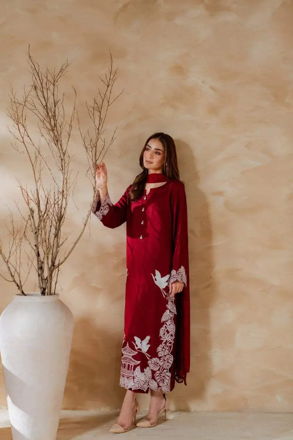 Women's Embroidered Linen Suit - Maroon, 3 Piece, Stitched