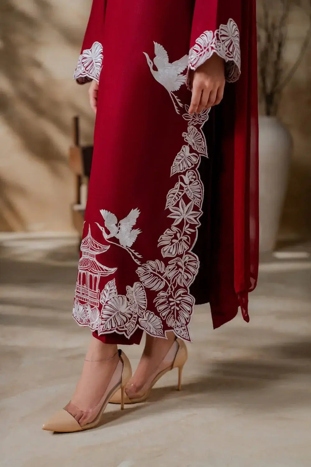 Women's Embroidered Linen Suit - Maroon, 3 Piece, Stitched