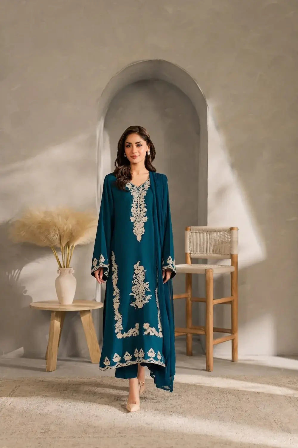 Women's Embroidered Linen Suit - Blue, 3 Piece, Stitched