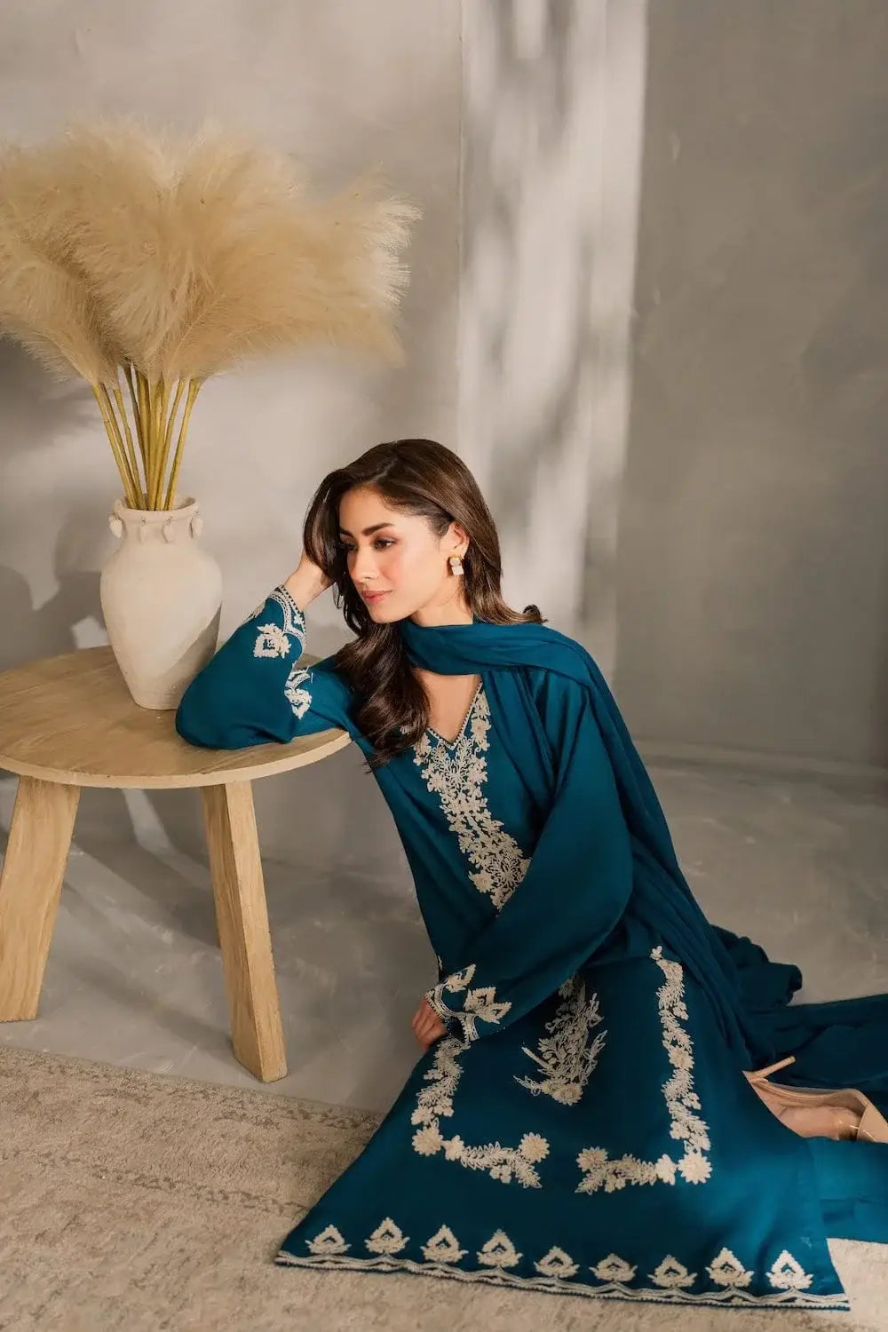 Women's Embroidered Linen Suit - Blue, 3 Piece, Stitched