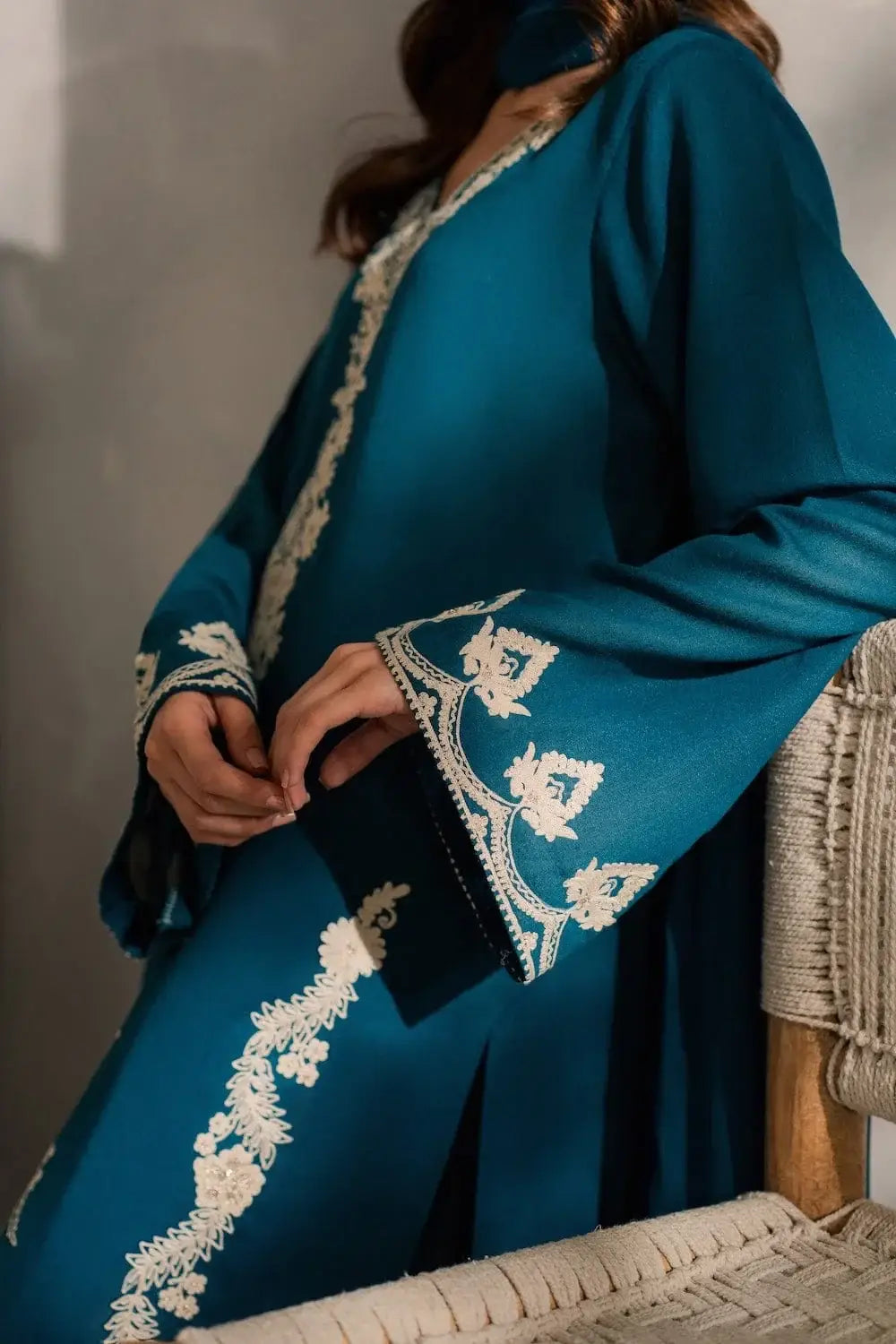 Women's Embroidered Linen Suit - Blue, 3 Piece, Stitched