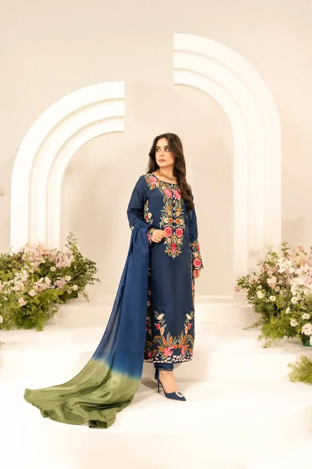 Women's Stone Linen Suit - Blue, Embroidered, Stitched