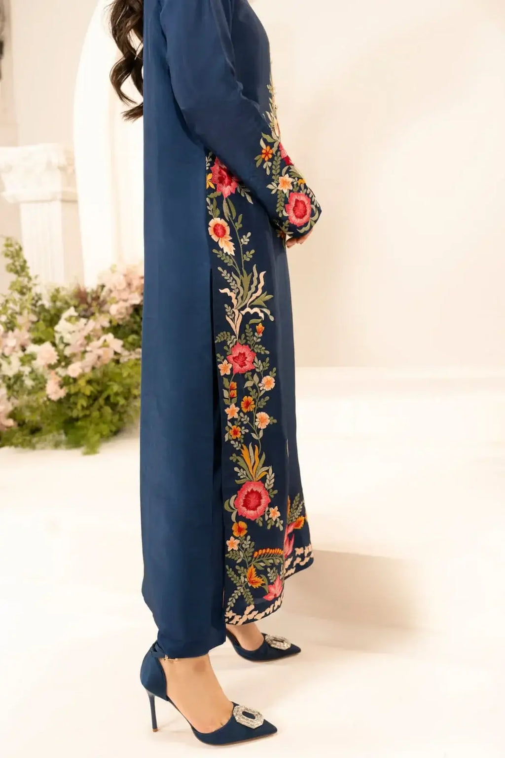 Women's Stone Linen Suit - Blue, Embroidered, Stitched