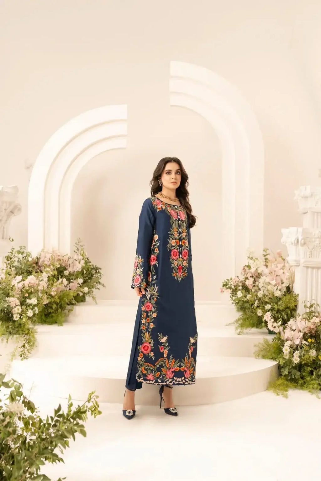 Women's Stone Linen Suit - Blue, Embroidered, Stitched