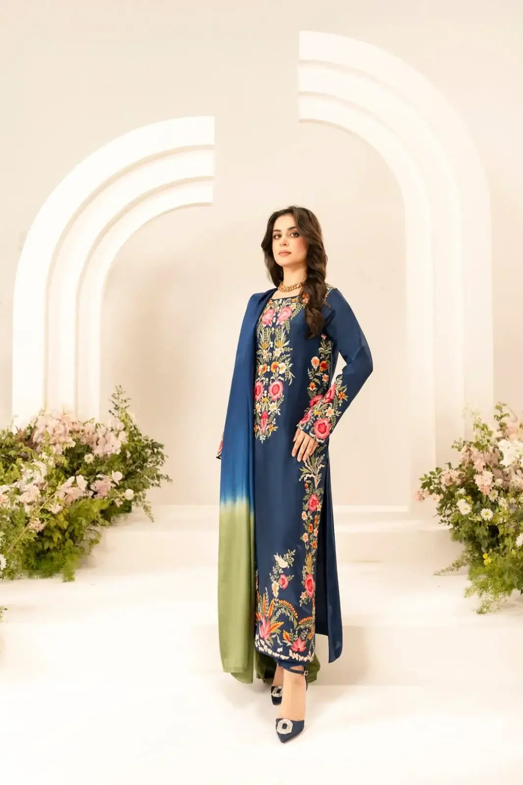Women's Stone Linen Suit - Blue, Embroidered, Stitched