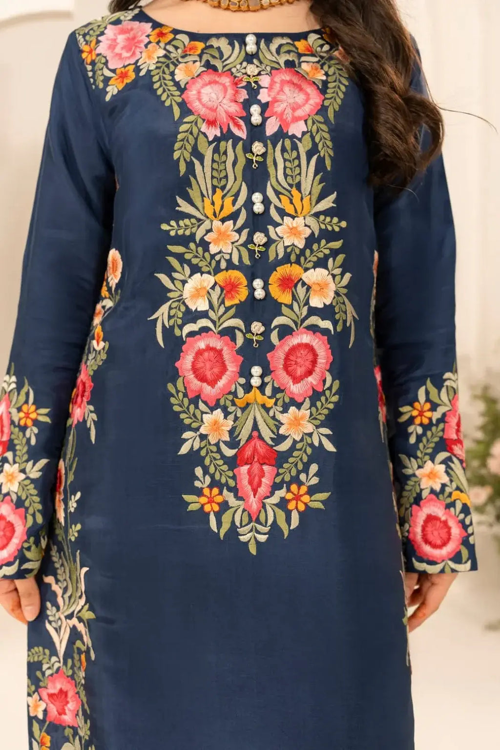 Women's Stone Linen Suit - Blue, Embroidered, Stitched