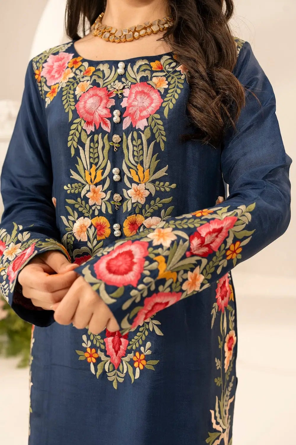 Women's Stone Linen Suit - Blue, Embroidered, Stitched