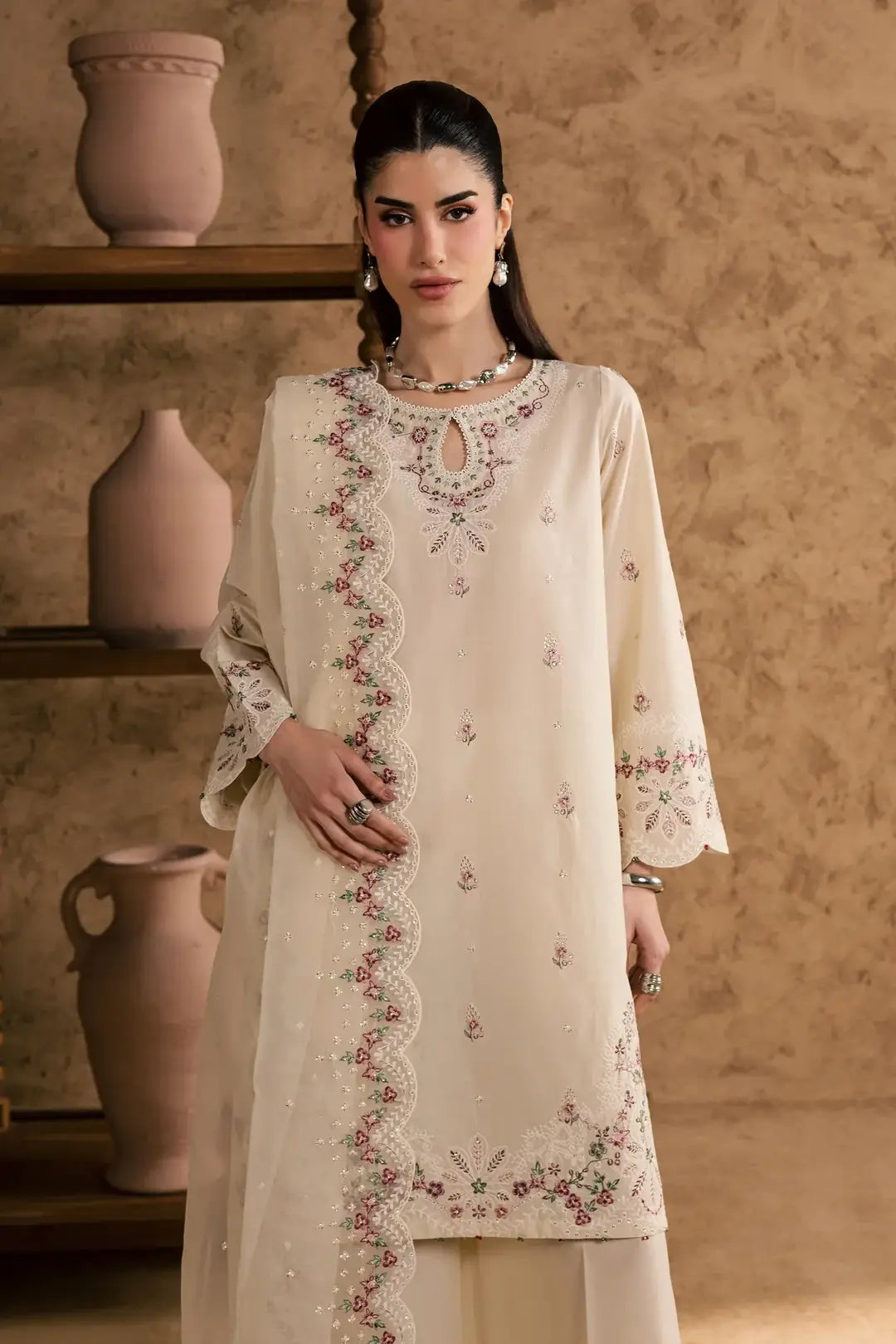 Women's Cotton Suit - White, Crinkle Dupatta, 3 Piece