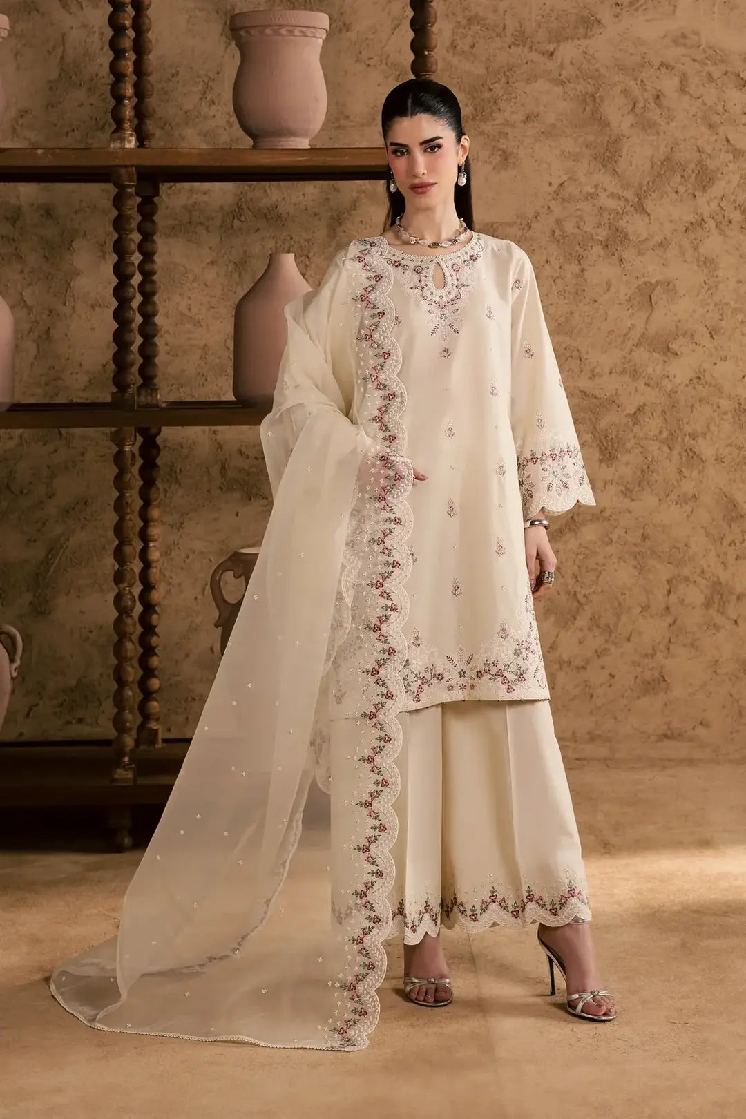 Women's Cotton Suit - White, Crinkle Dupatta, 3 Piece