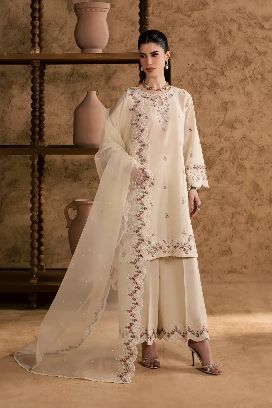 Women's Cotton Suit - White, Crinkle Dupatta, 3 Piece