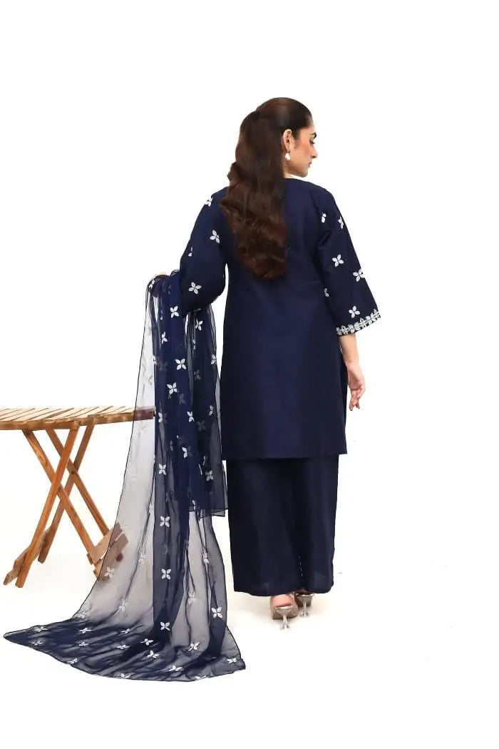 Stunning Women's Stitched Embroidered Linen Suit - 3 Pcs Set in Blue