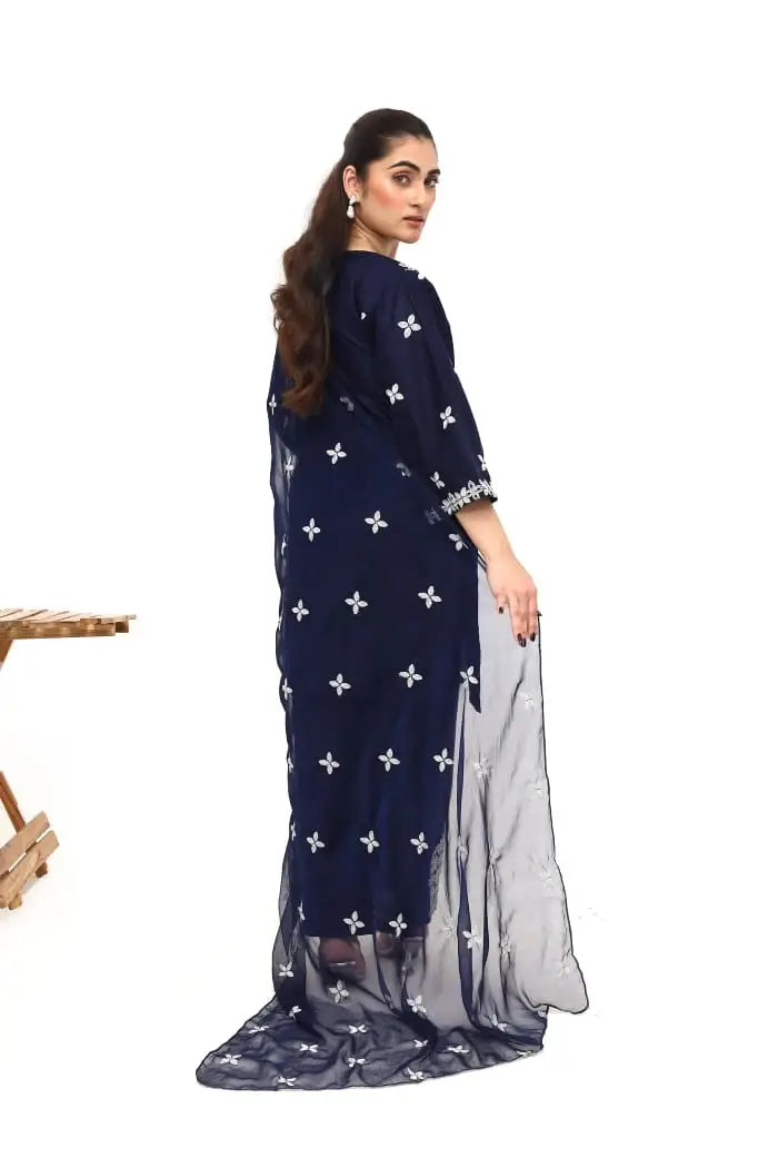 Stunning Women's Stitched Embroidered Linen Suit - 3 Pcs Set in Blue