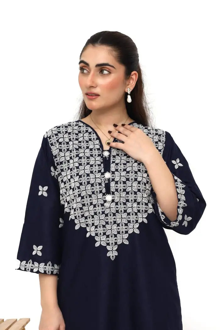Stunning Women's Stitched Embroidered Linen Suit - 3 Pcs Set in Blue