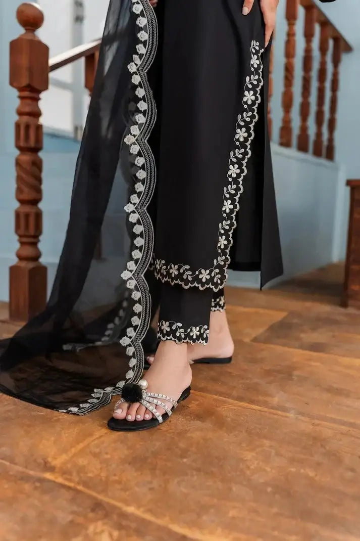 Embroidered Black Suit 3 Pcs Elegant Women's Stitched Attire