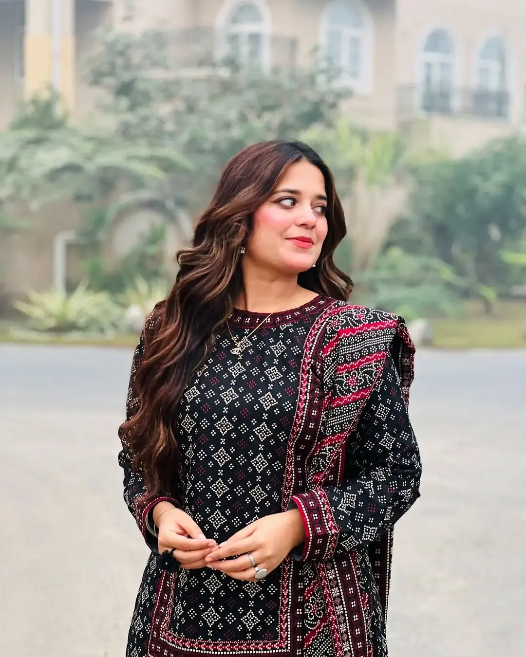 Stylish Women's Stitched Digital Printed Suit - 3 Pcs in Black
