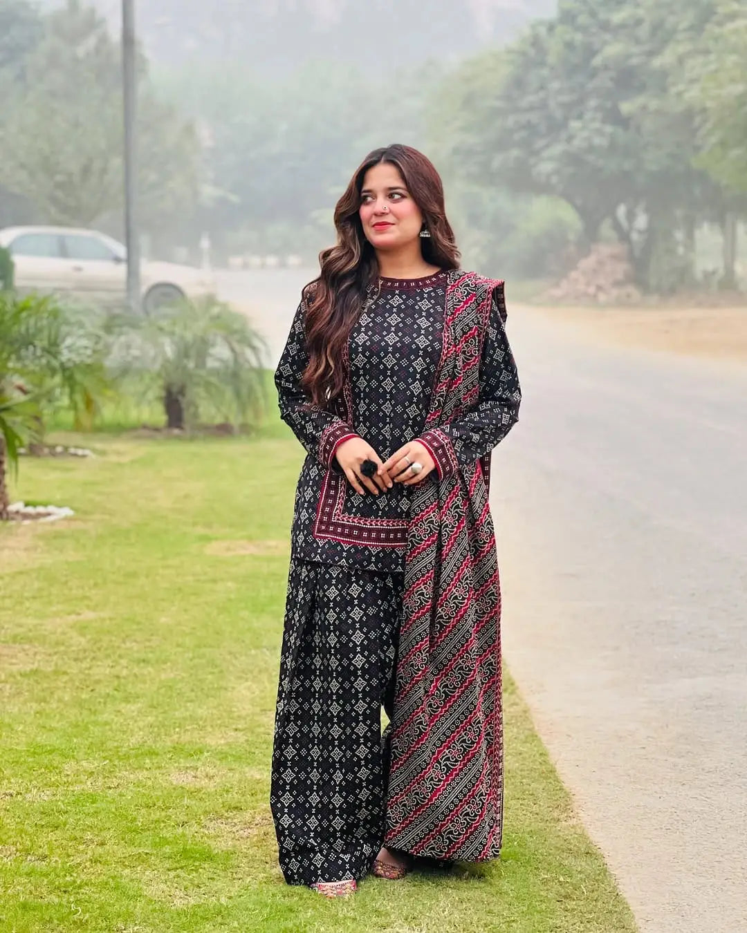 Stylish Women's Stitched Digital Printed Suit - 3 Pcs in Black