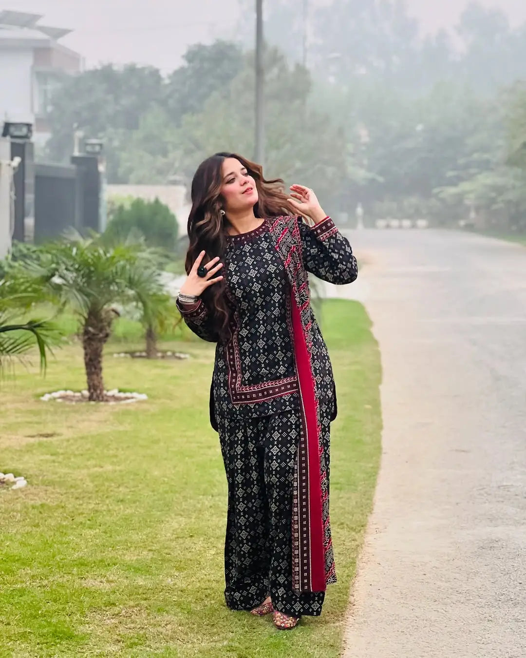 Stylish Women's Stitched Digital Printed Suit - 3 Pcs in Black