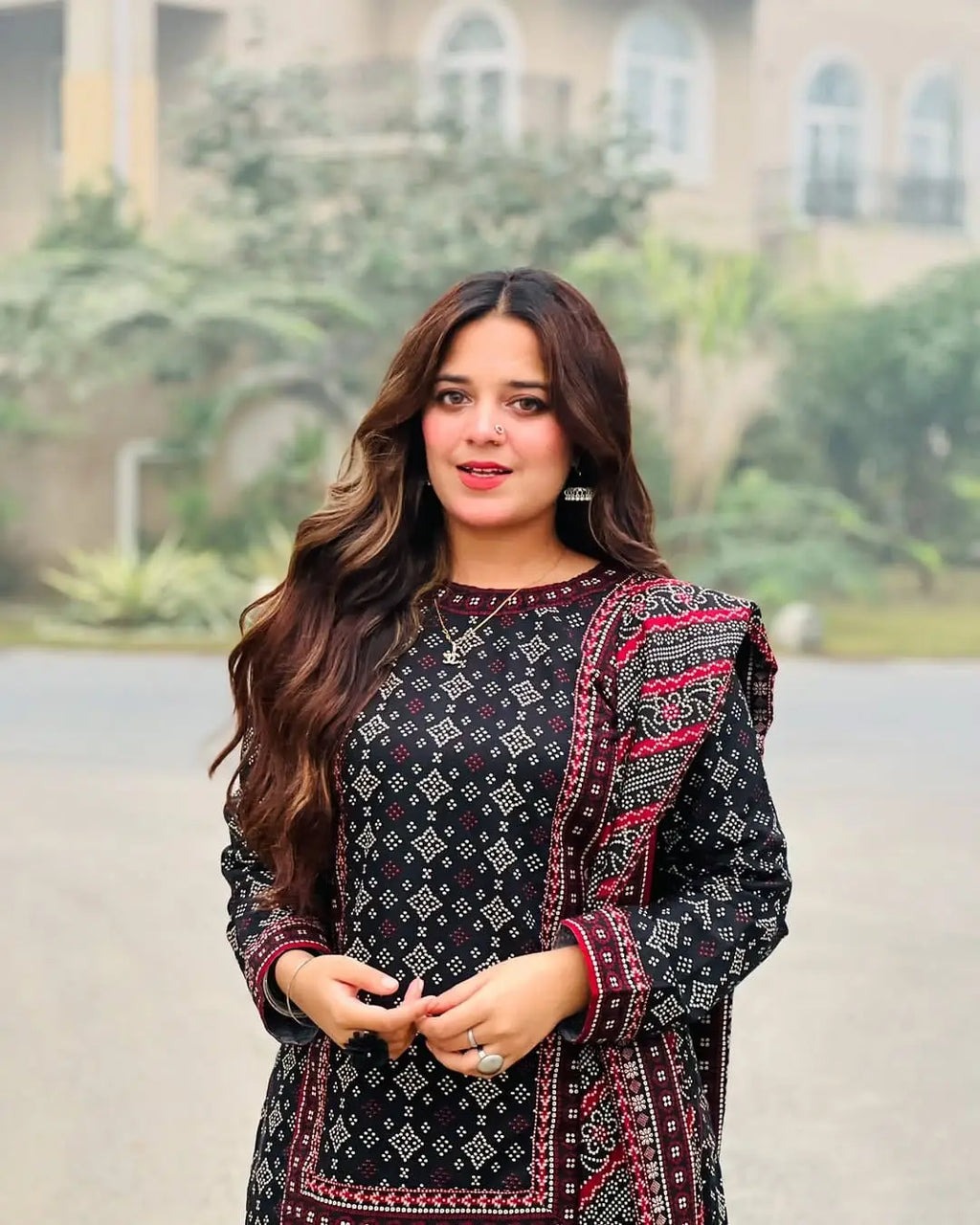 Stylish Women's Stitched Digital Printed Suit - 3 Pcs in Black