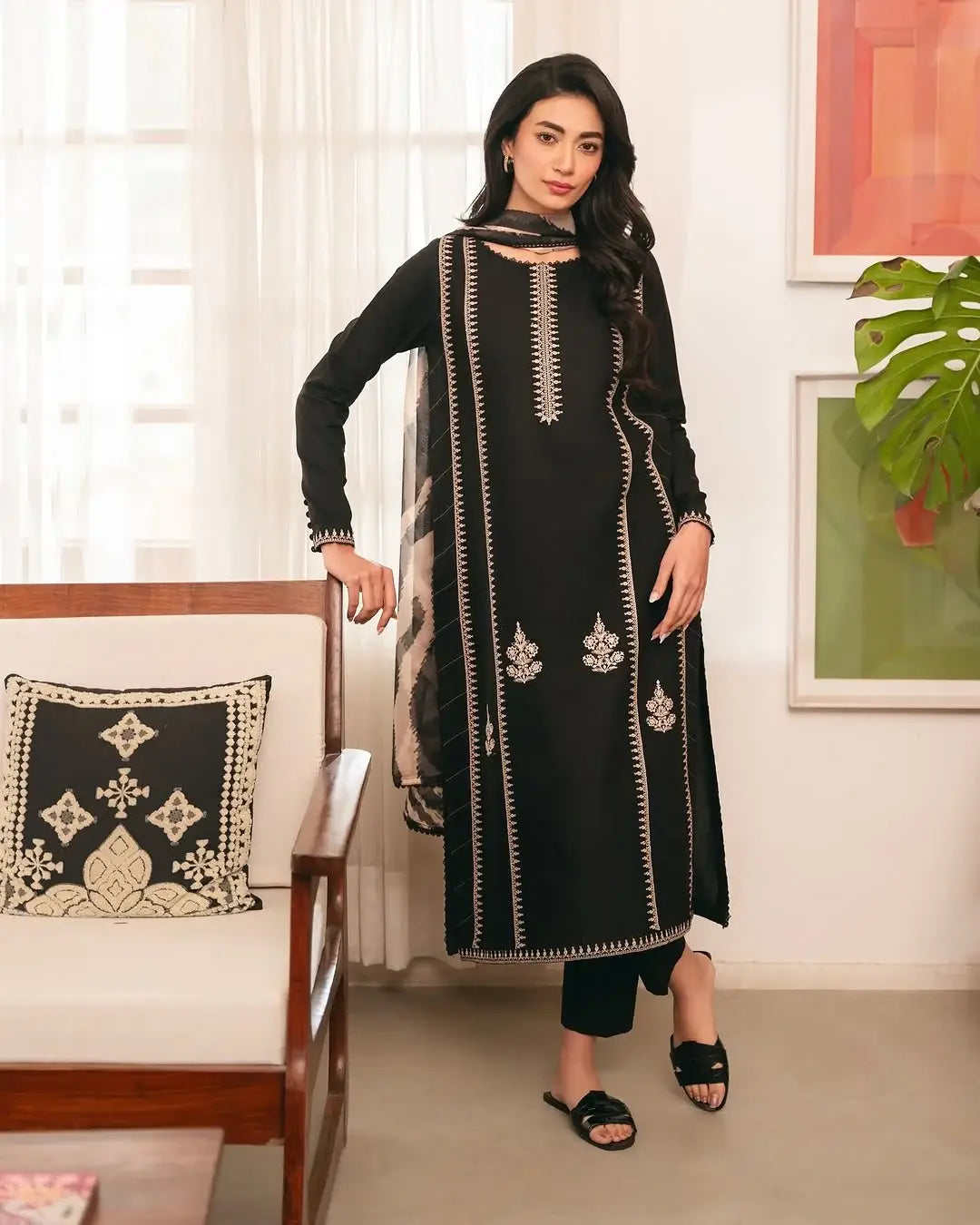 Black Embroidered Linen Suit - 3-Piece Stitched with Chiffon Dupatta (Design 1)