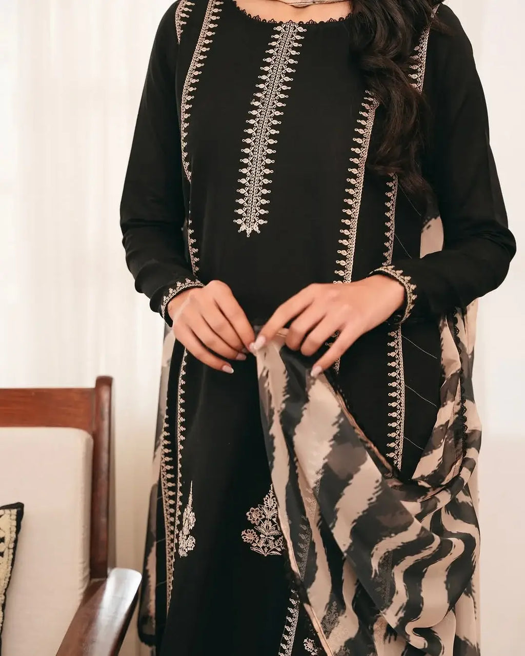 Black Embroidered Linen Suit - 3-Piece Stitched with Chiffon Dupatta (Design 1) - view 2