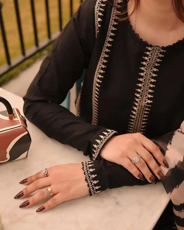 Black Embroidered Linen Suit - 3-Piece Stitched with Chiffon Dupatta (Design 1) - view 3