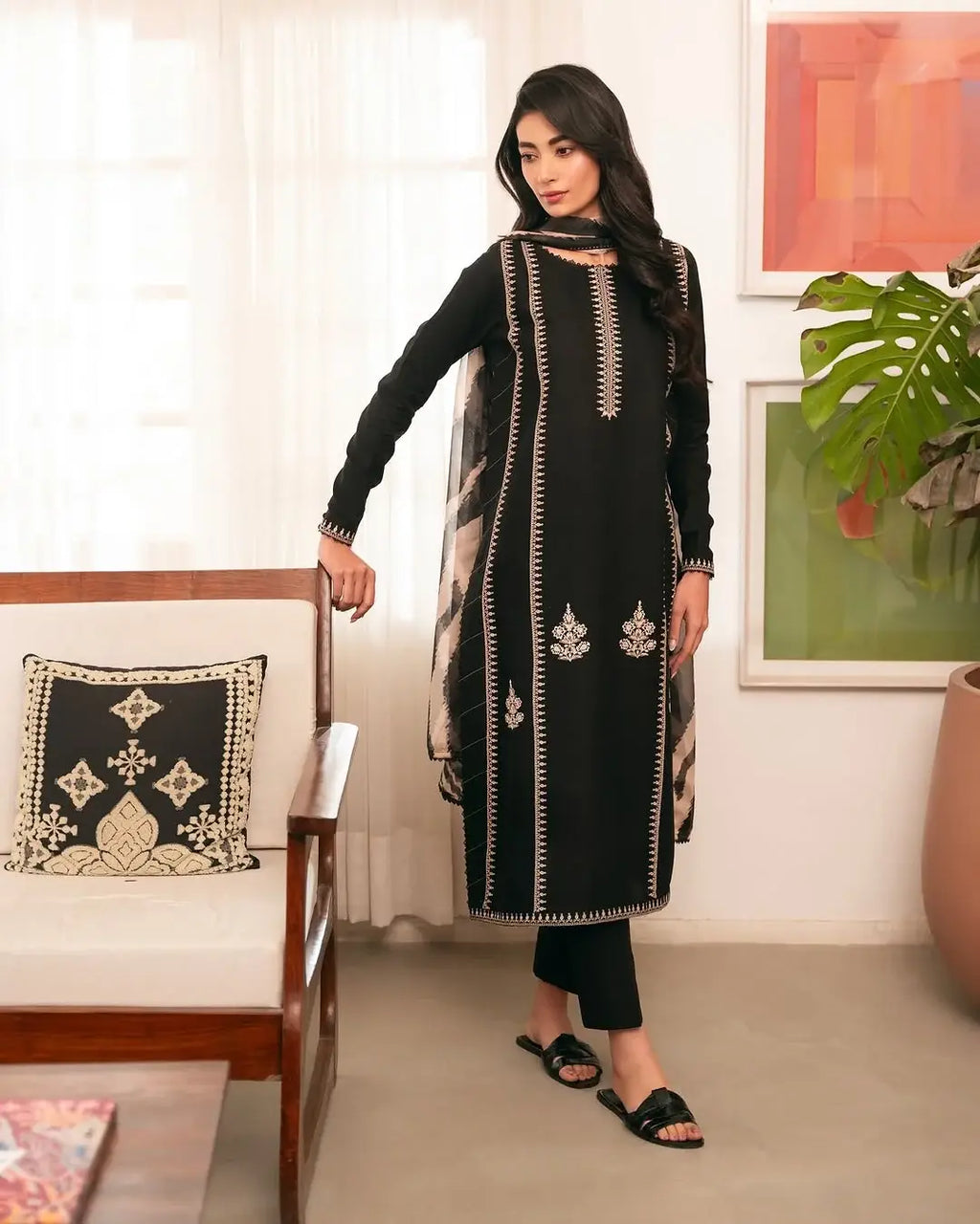 Black Embroidered Linen Suit - 3-Piece Stitched with Chiffon Dupatta (Design 1) - view 4