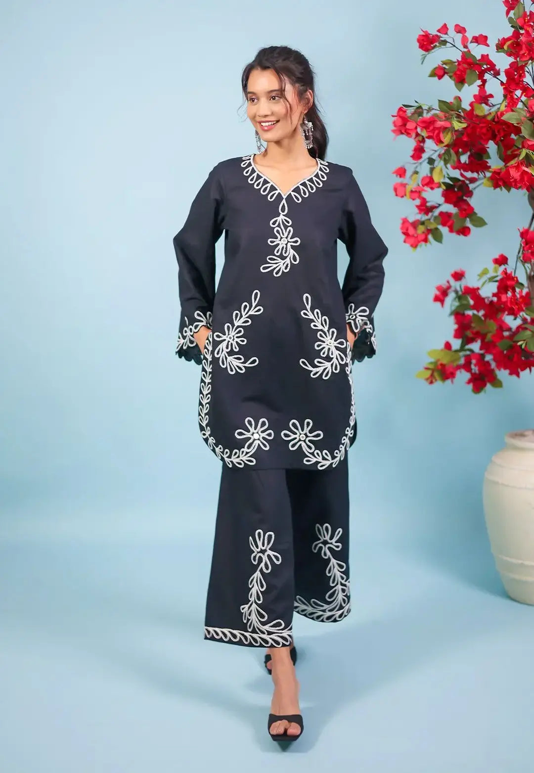 Women's Linen Suit - Black, Embroidered, 2 Piece, Stitched