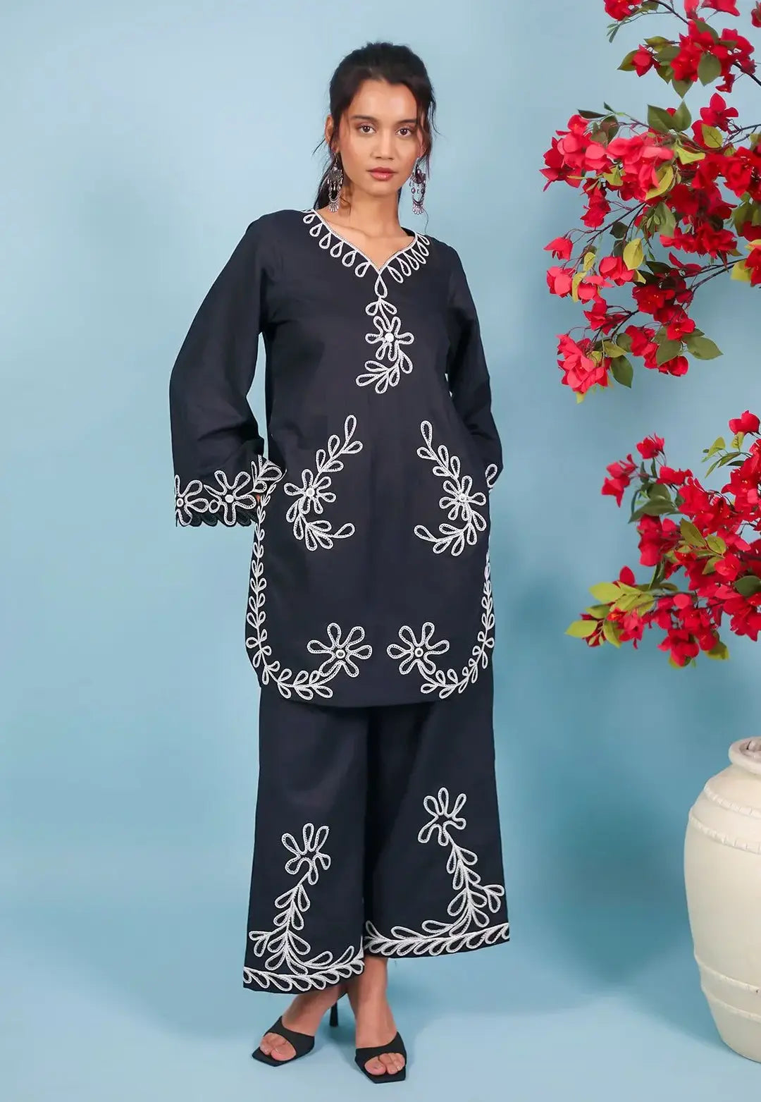 Women's Linen Suit - Black, Embroidered, 2 Piece, Stitched