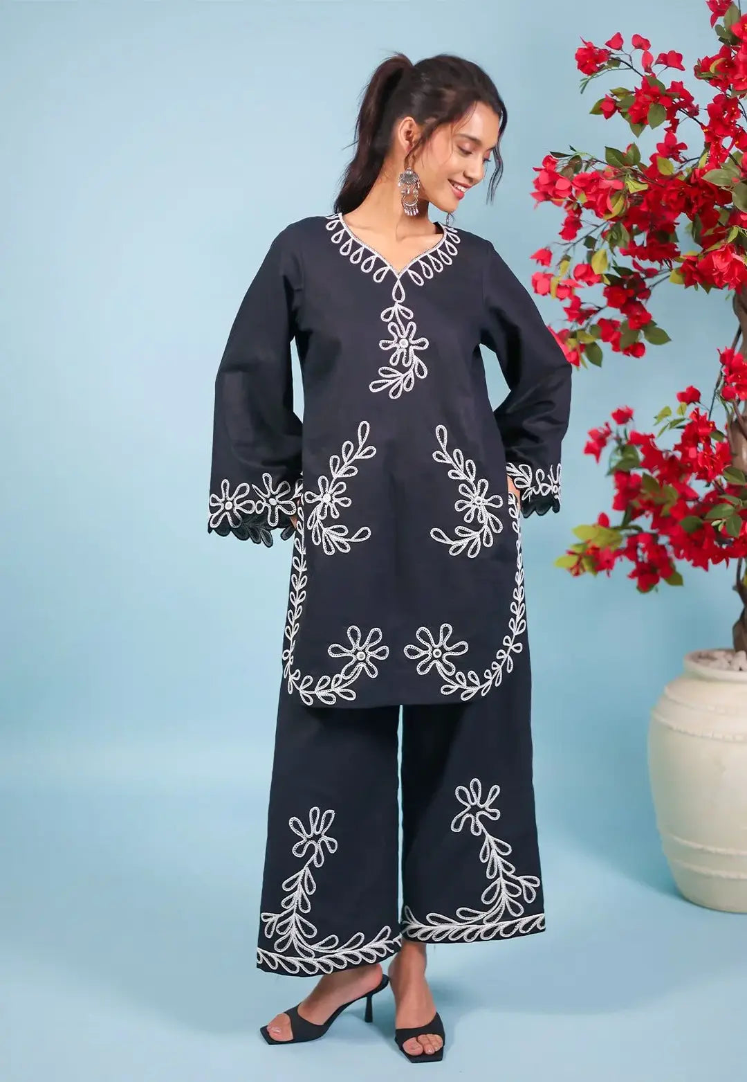 Women's Linen Suit - Black, Embroidered, 2 Piece, Stitched