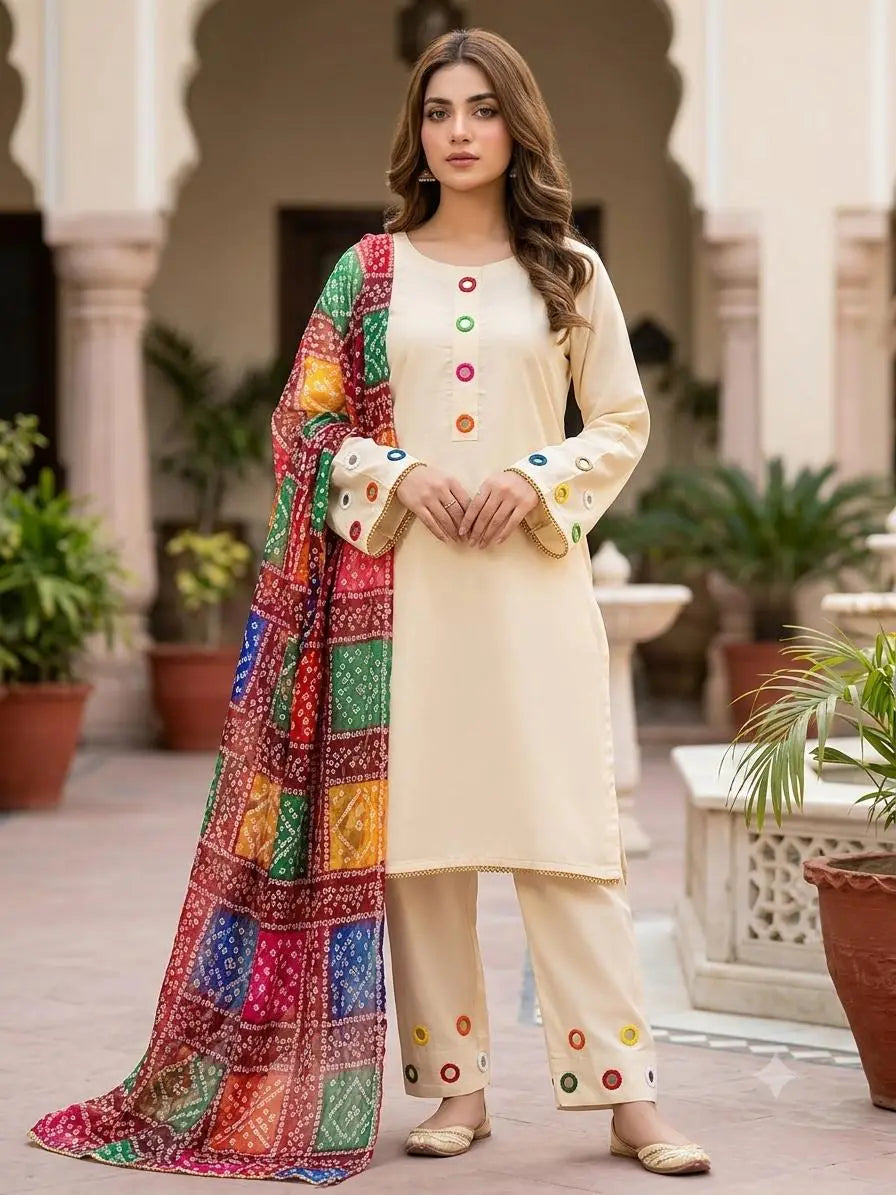 Women's Mirror Work Lawn Suit - Yellow, 3 Piece, Stitched