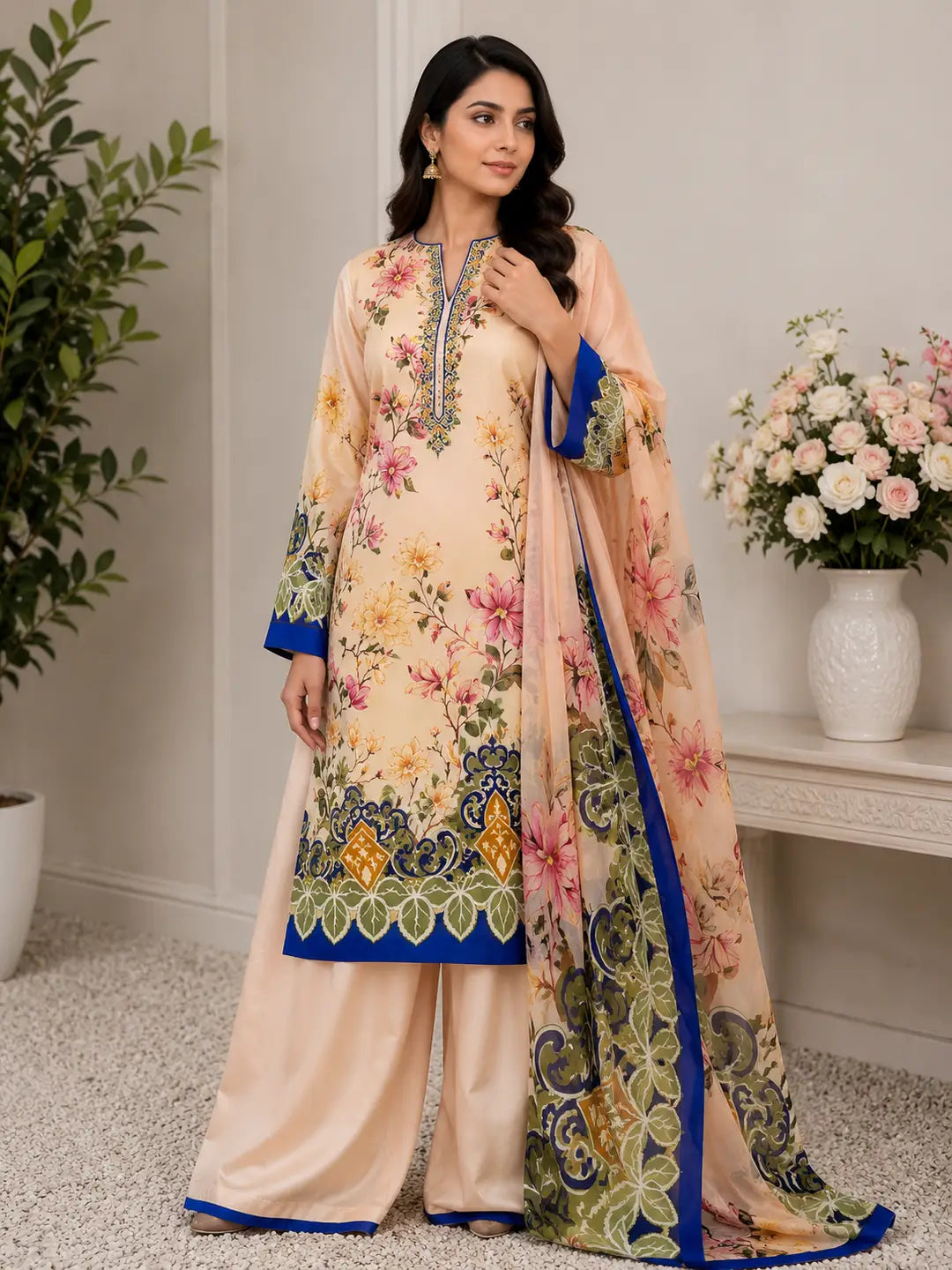 Unstitched Silk Suit - Peach, 3 Piece, Digital Print