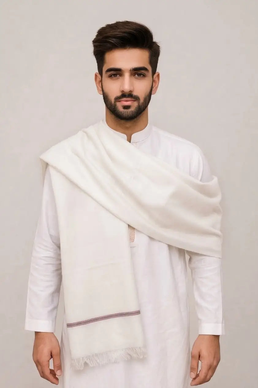 Men's Pashmina Wool Shawl - White, 2.5 Yards, Plain