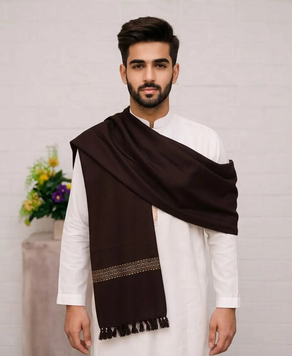 Men's Pashmina Wool Shawl - Brown, 2.5 Yards, Plain
