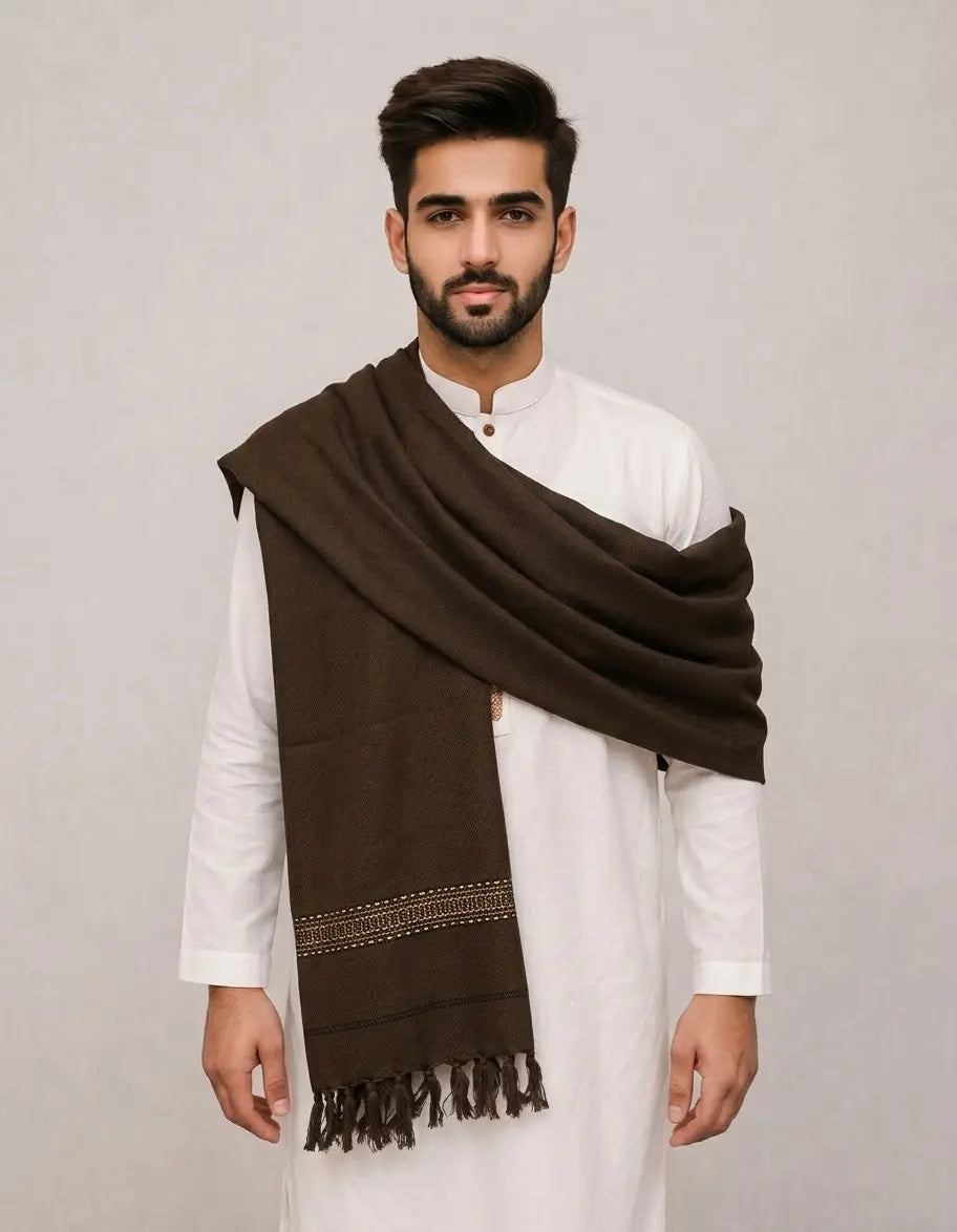 Men's Winter Pashmina Shawl - Brown, 2.5 Yards, Free Size