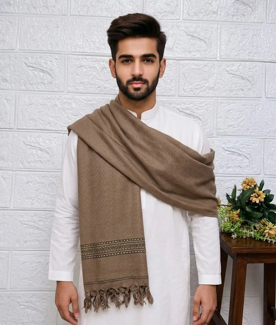 Men's Pashmina Wool Shawl - Light Brown, 2.5 Yards, Plain