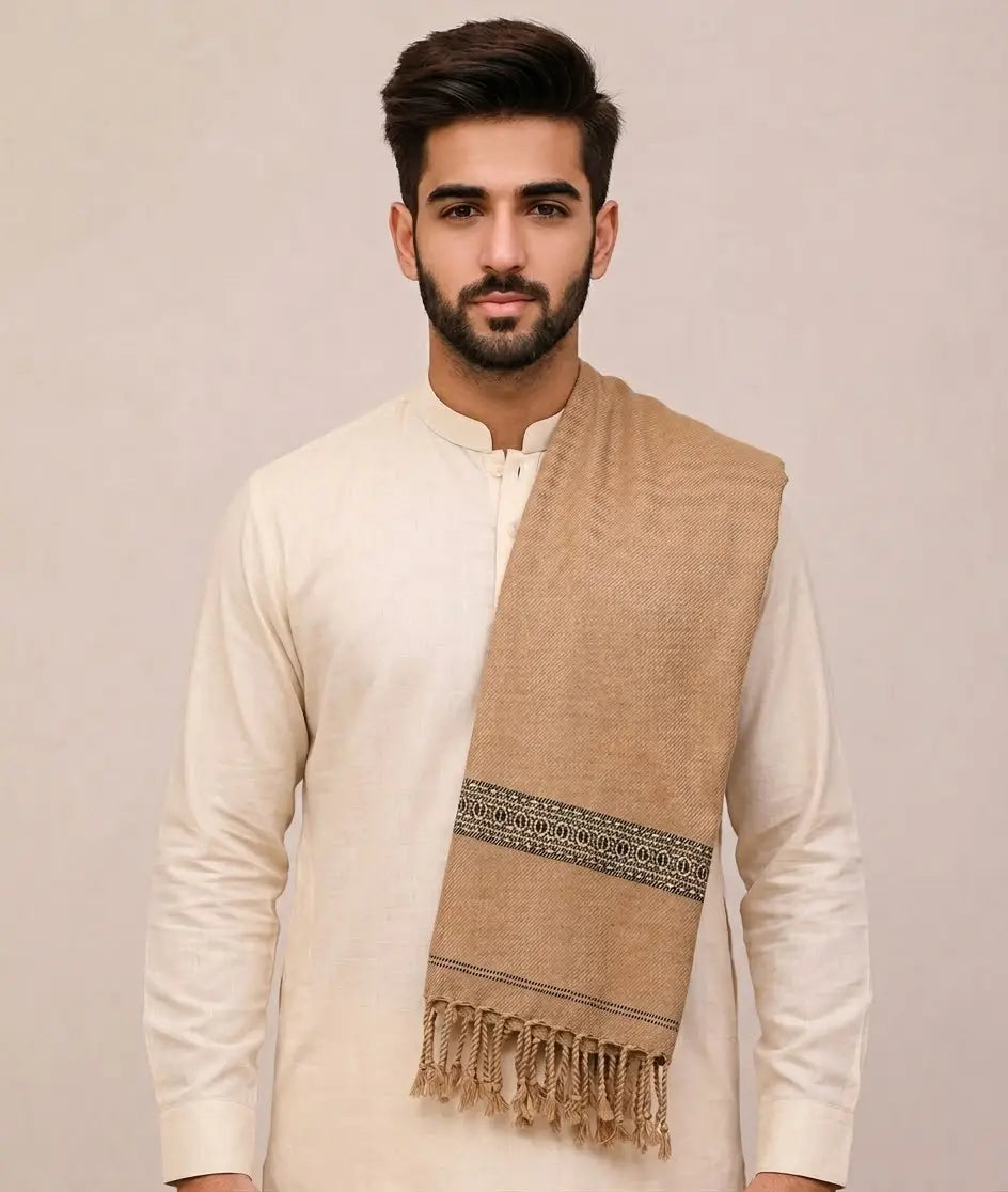 Men's Pashmina Wool Shawl - Beige, 2.5 Yards, Plain