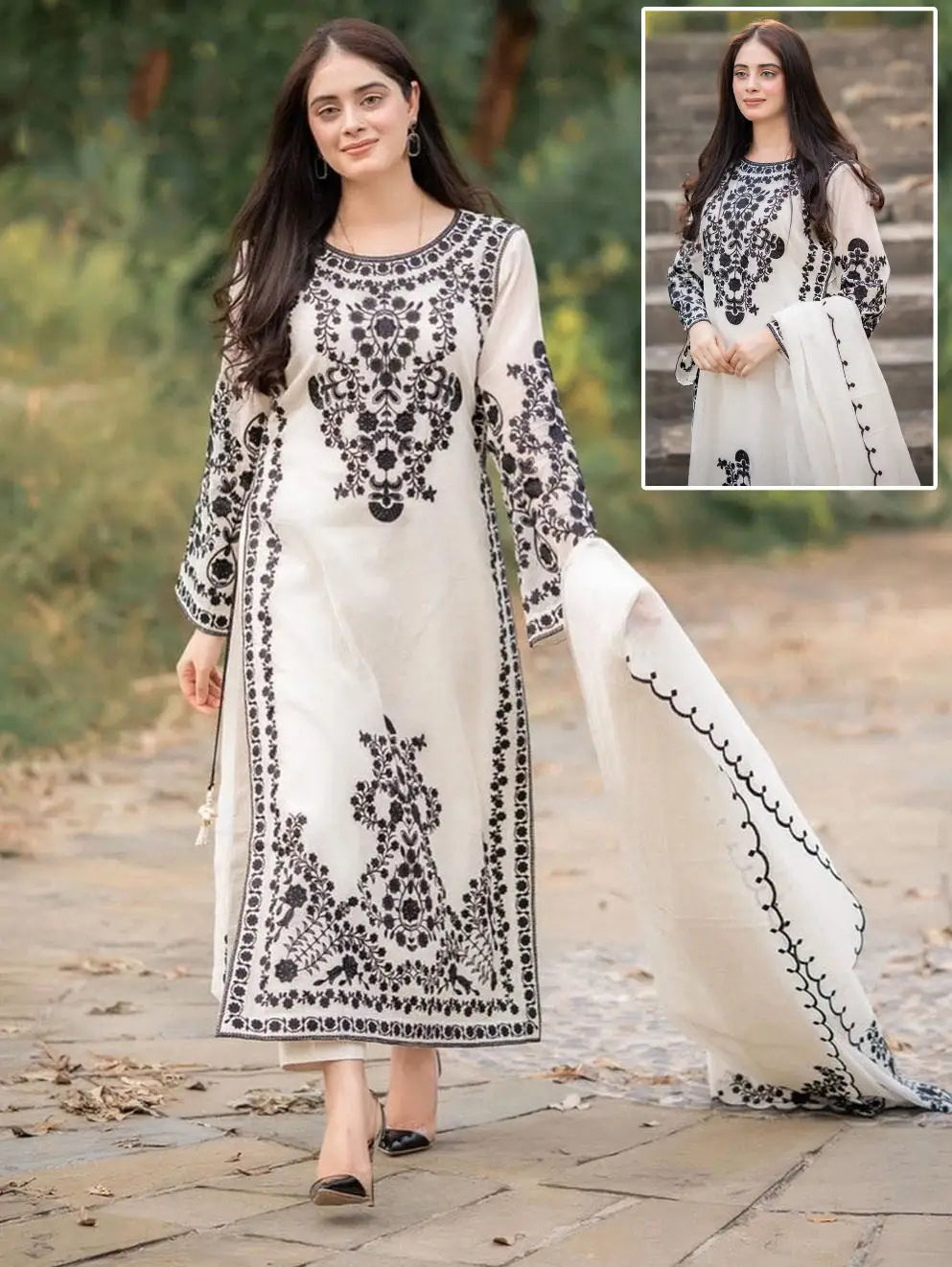 Heavy Embroidered Organza Suit - Black, 3 Piece, Stitched