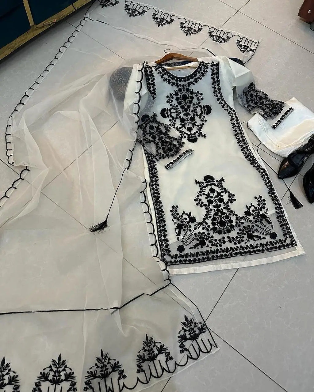 Heavy Embroidered Organza Suit - Black, 3 Piece, Stitched