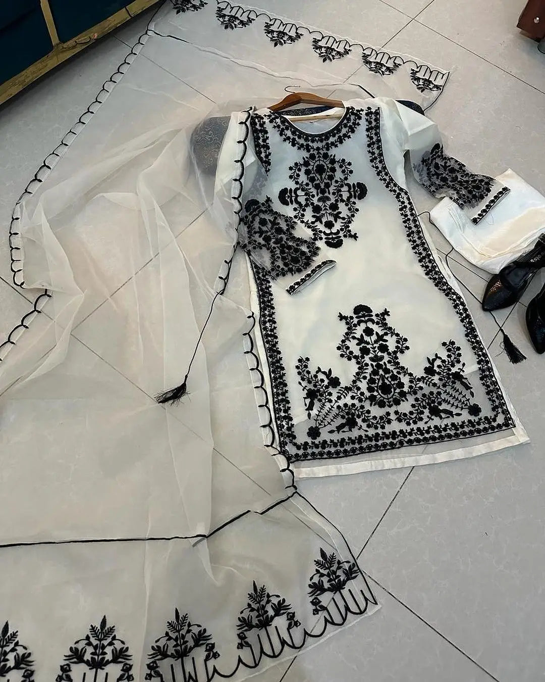 Heavy Embroidered Organza Suit - Black, 3 Piece, Stitched