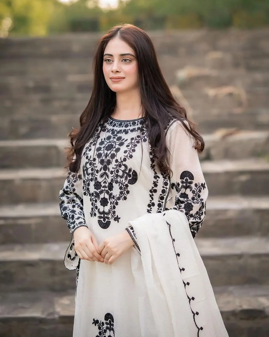 Heavy Embroidered Organza Suit - Black, 3 Piece, Stitched
