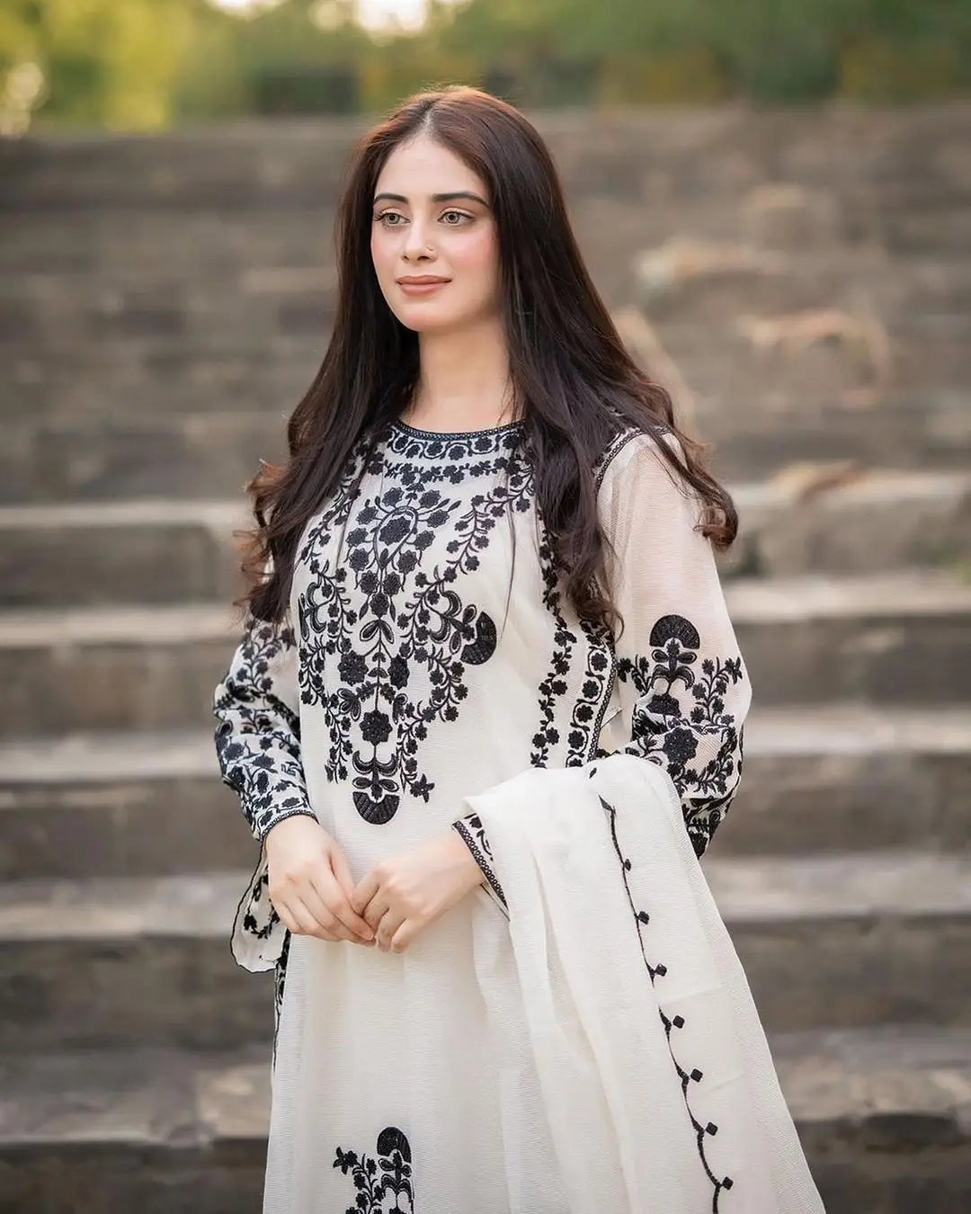 Heavy Embroidered Organza Suit - Black, 3 Piece, Stitched