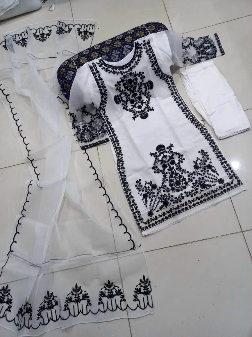 Heavy Embroidered Organza Suit - Black, 3 Piece, Stitched